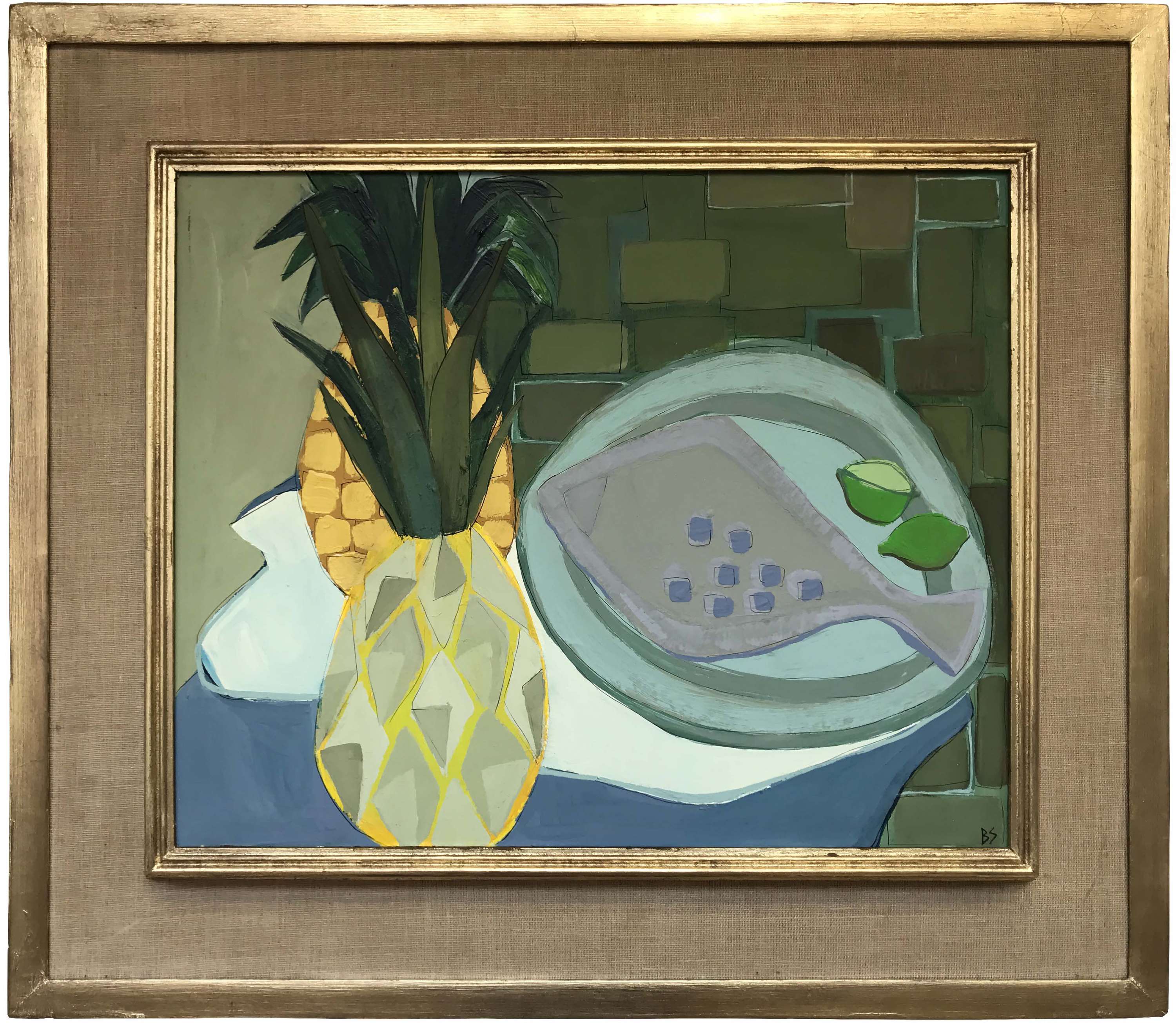 ‘Fish and two Pineapples’ Gouache + Acrylic on Board in 1950s Original Gold & Gilt & Hessian Frame