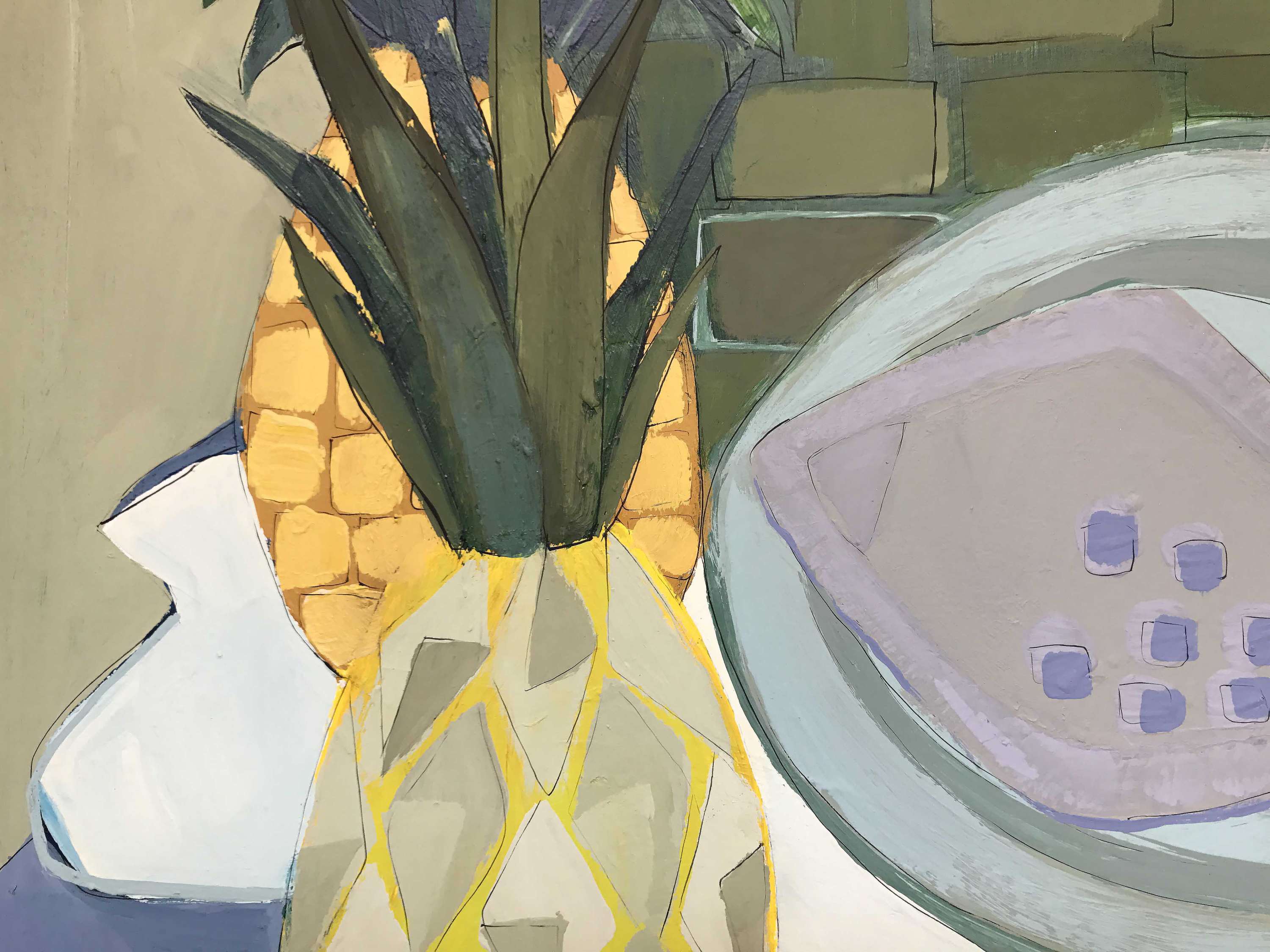 ‘Fish and two Pineapples’ Gouache + Acrylic on Board in 1950s Original Gold & Gilt & Hessian Frame