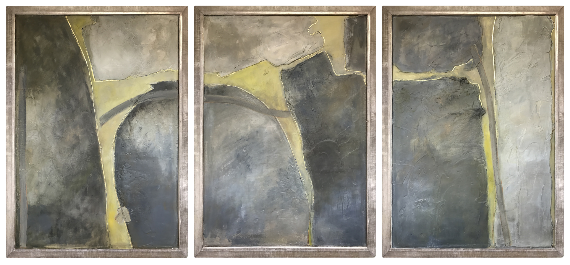 TRIPTYCH ‘River Stones Triptych’ Oil, Acrylic and Gesso on Board in Silver Gilt Frames