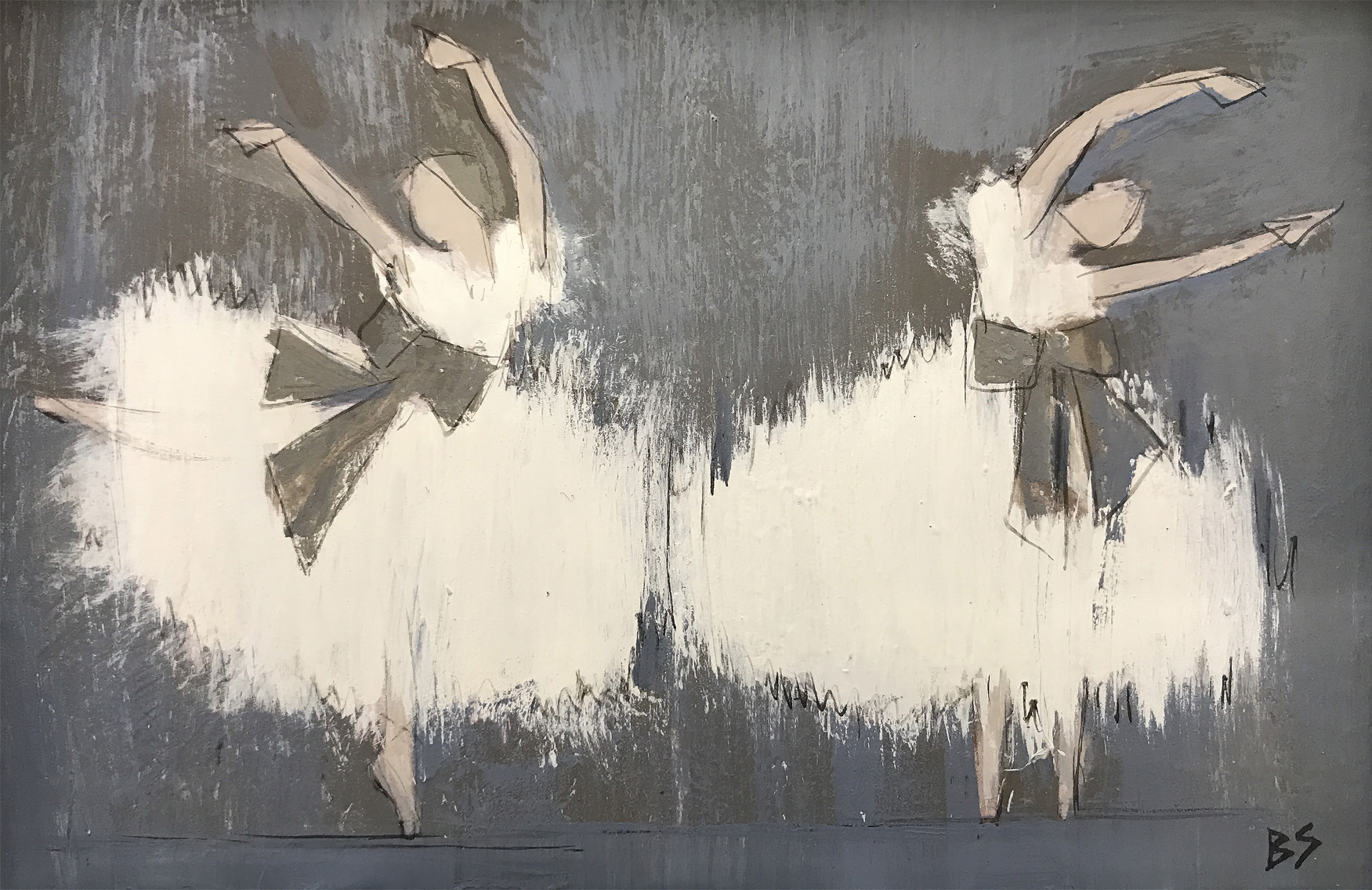 ‘Romantic Tutus’ Gouache & Acrylic on Board in Silver Gilt Frame