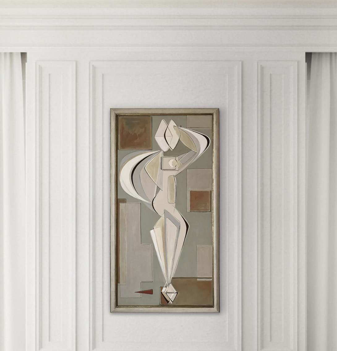 ‘Standing Amber Muse’ Gouache & Acrylic on Board in Cream and Gold Leaf with Bronze finish Classic Frame