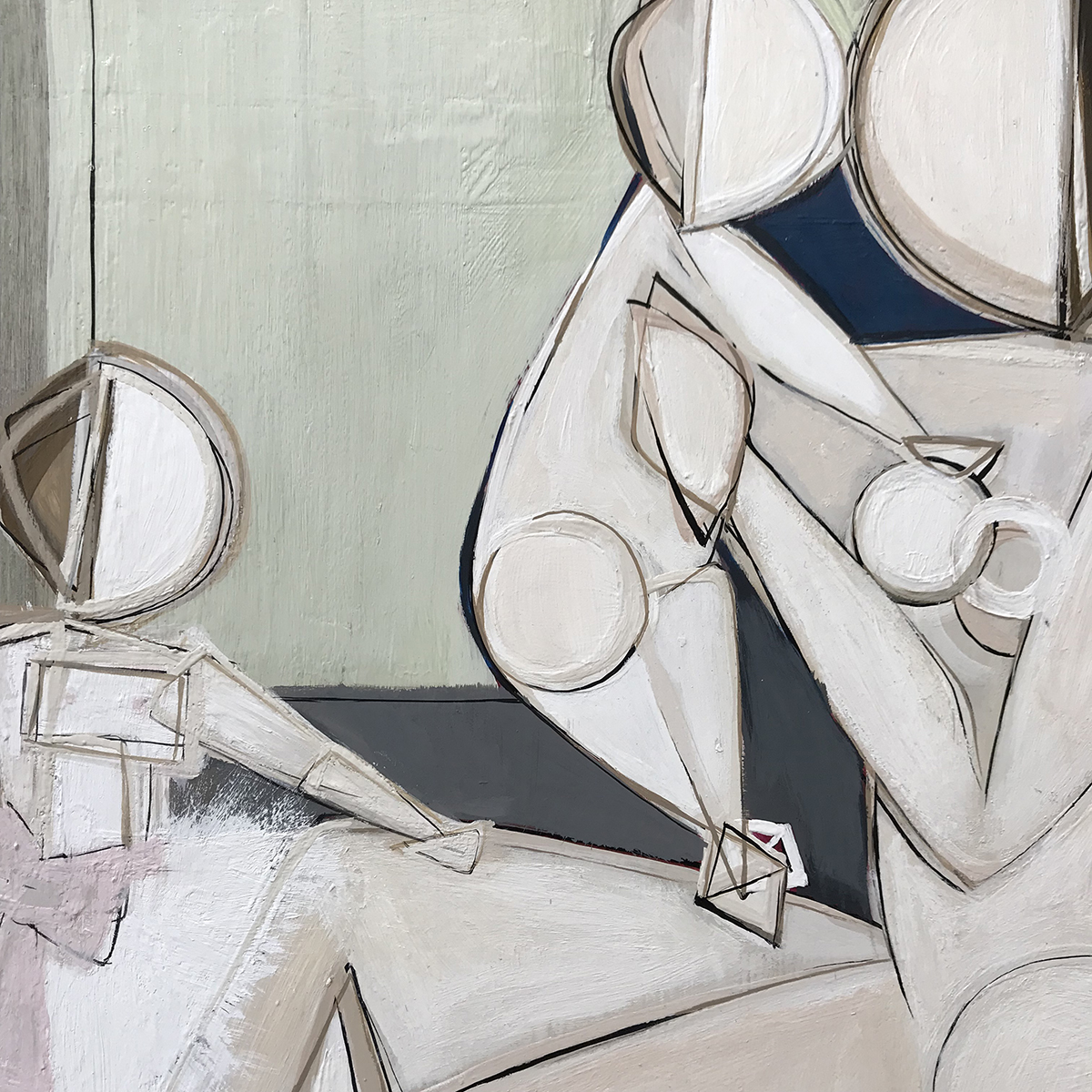'Mother, Daughter & Baby' Oil & Acrylic on Board in Cream & Gold Gilt & Bronze Finish Square Swept Frame