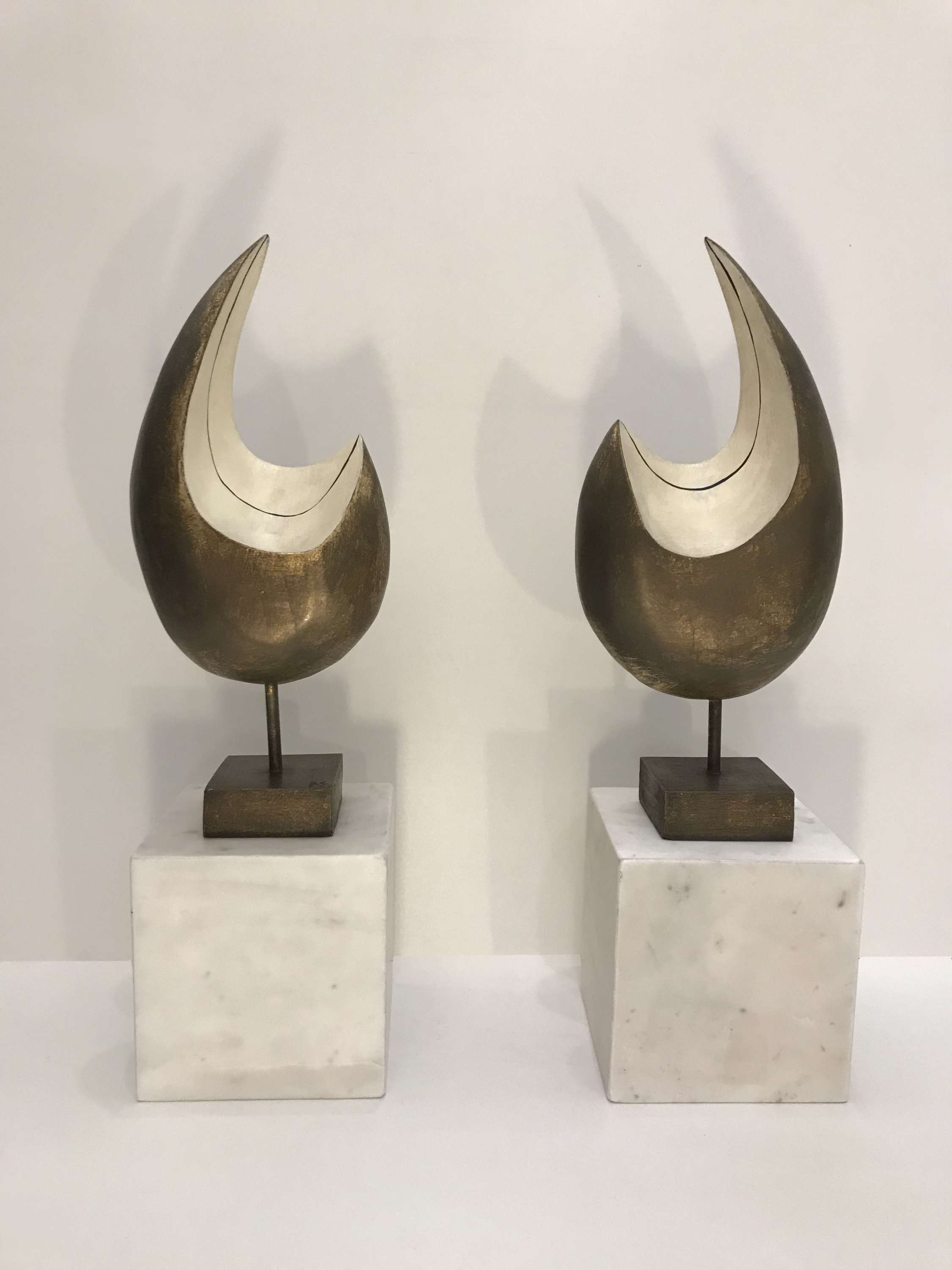 SCULPTURE 'Crescent' Left & Right Study, Maquette Sculpture of Wood, Steel, Clay, Paint with Bronze Finish on Marble Plinth