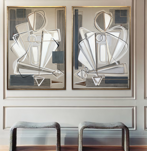 PAIR ‘Reposeful Muse’ Left & Right Study Acrylic & Gouache on Board in Gold Leaf with Bronze Finish Shadow Gap Tray Frames