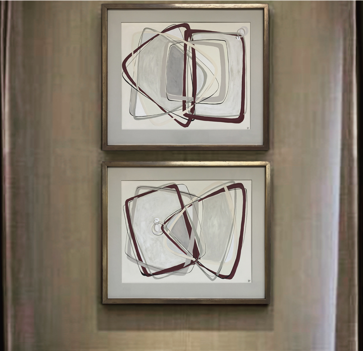 PAIR ‘Claret Eternity’ Gouache on Board under Glass in Water Gilt Gold Leaf frames with Antique Finish