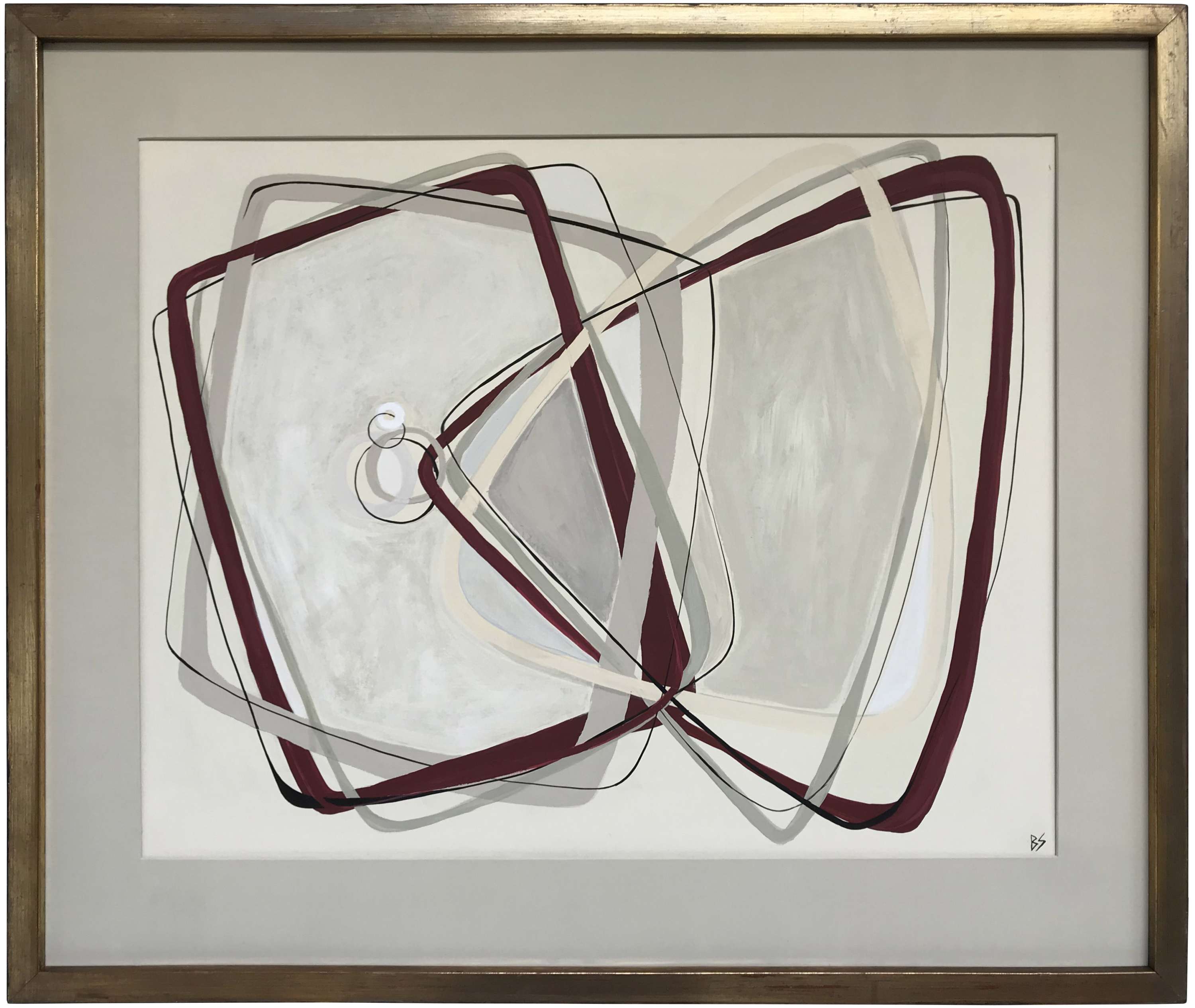 PAIR ‘Claret Eternity’ Gouache on Board under Glass in Water Gilt Gold Leaf frames with Antique Finish