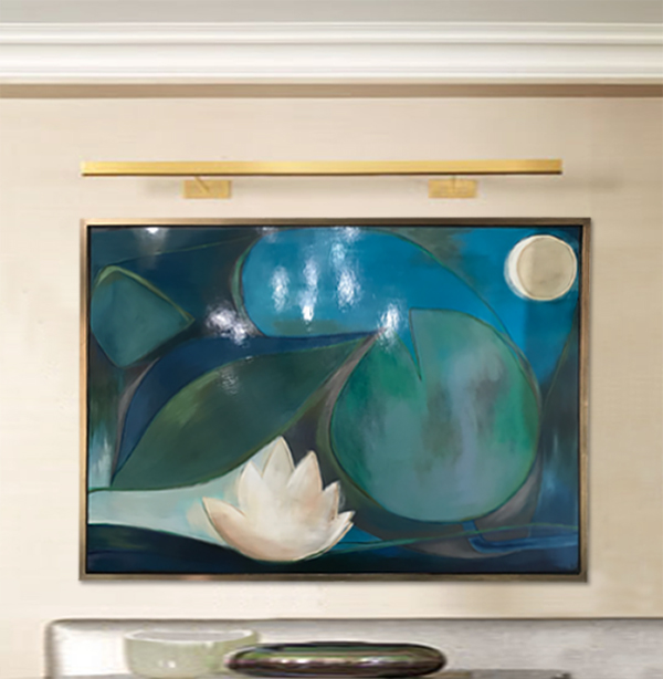 ‘Midnight Waterlily’ Oil on Board in Gold Leaf with Bronze Finish Shadow Gap Tray Frame