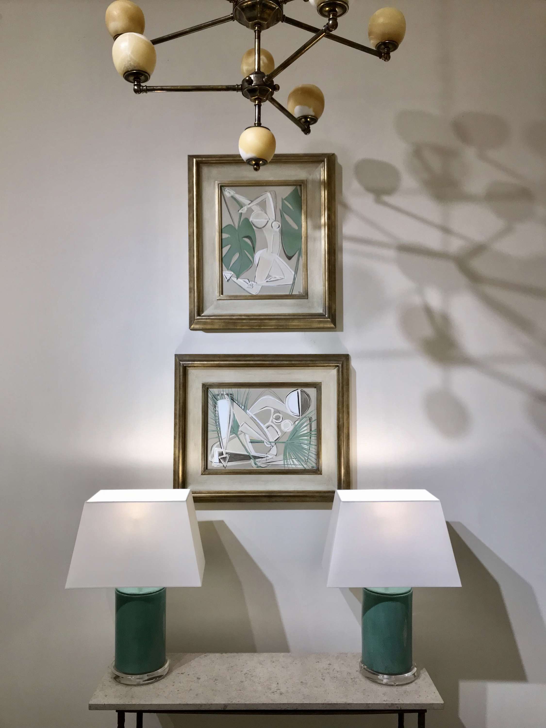 ‘Philodendron Dancing Muse’ Acrylic and Gouache on Board in Cream & Gold Finish Wooden Frame