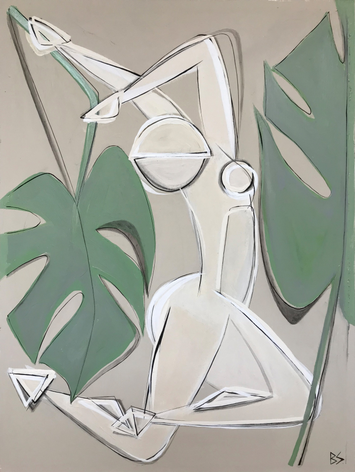 ‘Philodendron Dancing Muse’ Acrylic and Gouache on Board in Cream & Gold Finish Wooden Frame