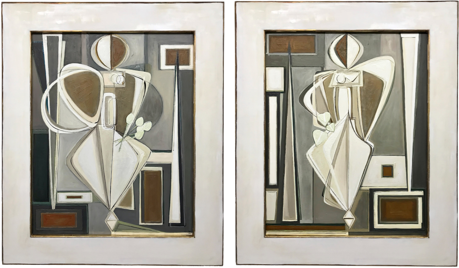 PAIR ‘Standing Flora with Green Tulips’ Left Study and ‘Standing Flora with white Anthurium’ Right Study Oil & Acrylic on Board in Gold Leaf and Polished Plaster Bespoke Wooden Frames