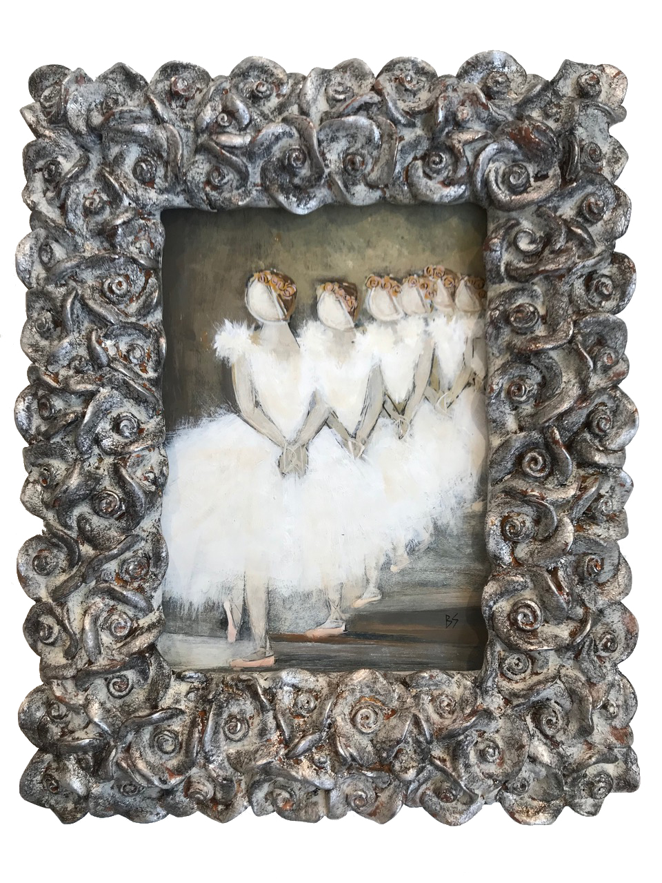 MINIATURE 'Moonlit Stage Trio’ Gouache & Acrylic on Board In Silver Leaf with Antique Finish Oval Laurel Wreath Frame