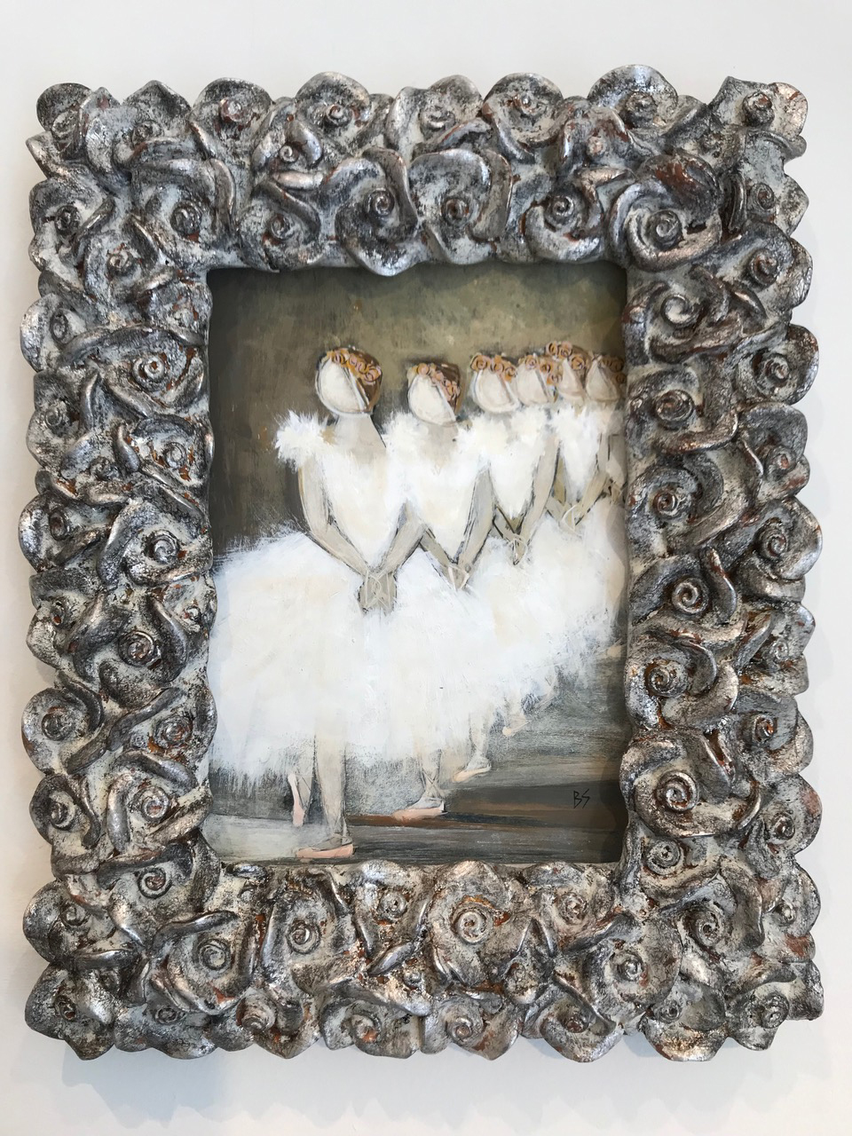 MINIATURE ‘Swan Lake’ Gouache & Acrylic on Board In Ornate Silver Leaf with Antique Finish Floral Frame