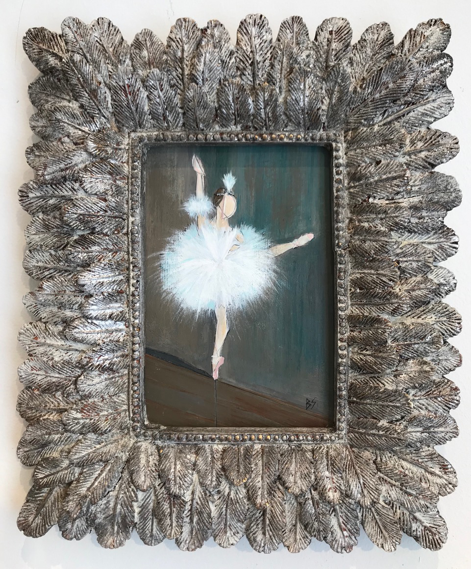 MINIATURE ‘Giselle’ ‘Moonlit Stage Trio’ Gouache & Acrylic on Board In Silver Leaf with Antique Finish Fluted Wooden Frame