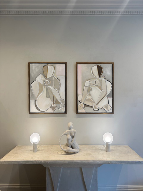 PAIR 'Sitting Blonde & Brunette with Rose Quartz ‘o' Oil & Acrylic on Board in Antique Brass/Bronze Finish Shadow-Gap Tray Frames