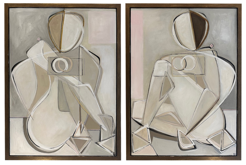 PAIR 'Sitting Blonde & Brunette with Rose Quartz ‘o' Oil & Acrylic on Board in Antique Brass/Bronze Finish Shadow-Gap Tray Frames