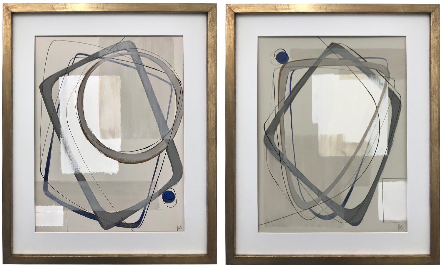 PAIR ‘Blue Grey Alto’ Gouache & Acrylic on Board behind Glass in Gold Leaf with Bronze Finish Frames