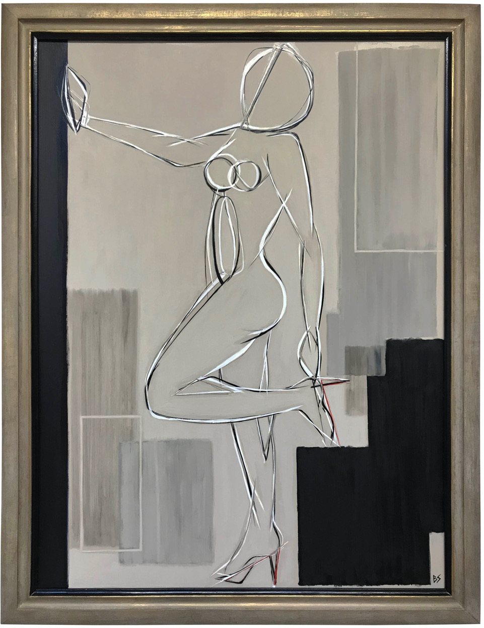 ‘Girl Adjusting Heel’ Gouache on Board in  Cream Gold Leaf & Black Lacquer Frame