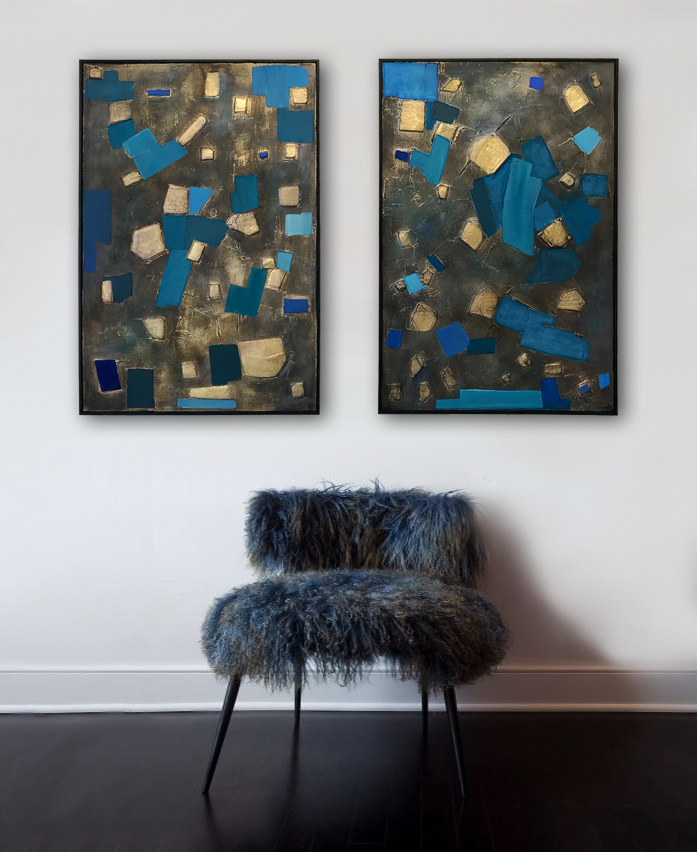 PAIR ‘Lapis Lazuli, Turquoise and Gold Treasure’ Oil Paint, Plaster and Gold Leaf Sculptural Paintings in Bespoke Black Lacquer Tray Frames