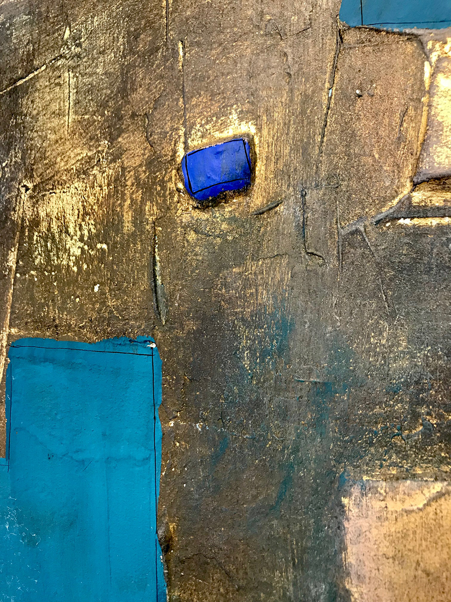 PAIR ‘Lapis Lazuli, Turquoise and Gold Treasure’ Oil Paint, Plaster and Gold Leaf Sculptural Paintings in Bespoke Black Lacquer Tray Frames