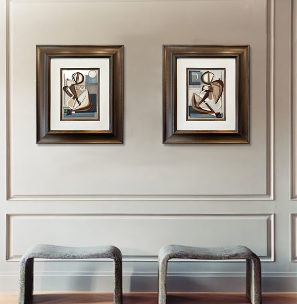PAIR ‘Harvest Moon Muse’ Left Study & ‘New Moon Muse’ Right Study Oil & Acrylic on Board In Bespoke Bronze Finish and Polished Plaster Frames