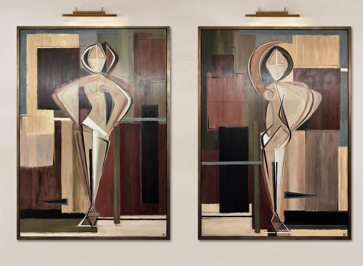 PAIR ‘Garnet Standing Muse’ & ‘Tourmaline Dancing Muse’ Oil & Acrylic on Board in Gold Leaf with Bronze finish Shadow-Gap Tray Frame