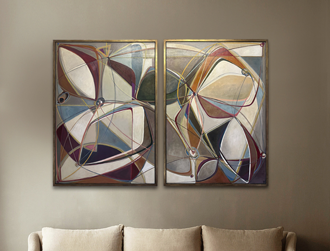 PAIR ‘String Theory Symphony’ Oil & Acrylic on Board in Antique Gold Finish Shadow-Gap Tray Frames