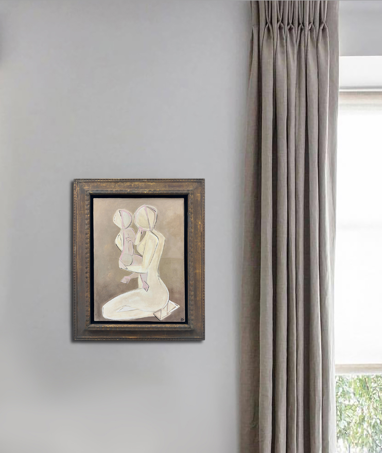 ‘Mother & Child’ Oil Acrylic & Gouache in Antique French Gold Gilt Frame