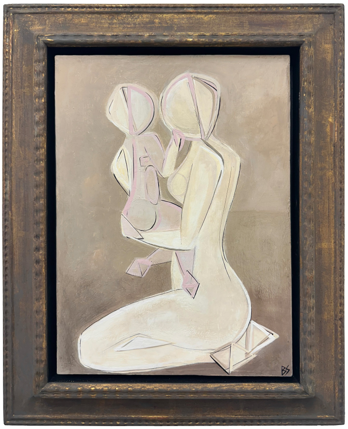 ‘Mother & Child’ Oil Acrylic & Gouache in Antique French Gold Gilt Frame