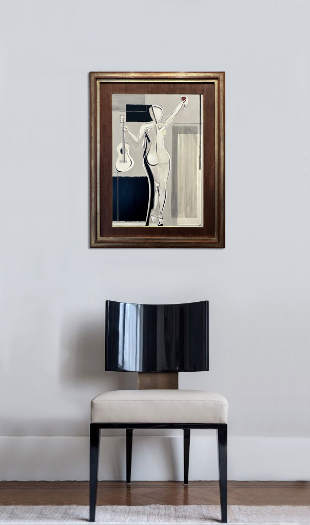 ‘Valentine Girl’ Oil & Acrylic on Board in 1920s Art Deco Rosewood Frame with Gold Leaf & Bronze Finish