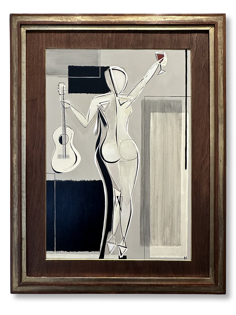 ‘Valentine Girl’ Oil & Acrylic on Board in 1920s Art Deco Rosewood Frame with Gold Leaf & Bronze Finish