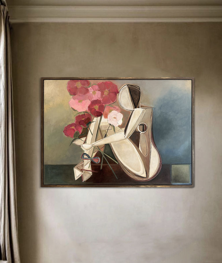 ‘Sitting Brunette Muse with Peonies’  Oil & Acrylic in Gold Leaf with Bronze Finish Shadow-Gap Tray Frame