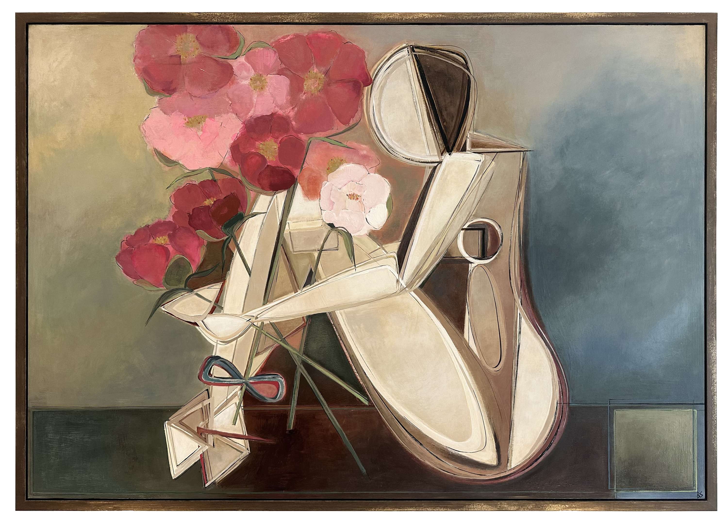 ‘Sitting Brunette Muse with Peonies’  Oil & Acrylic in Gold Leaf with Bronze Finish Shadow-Gap Tray Frame