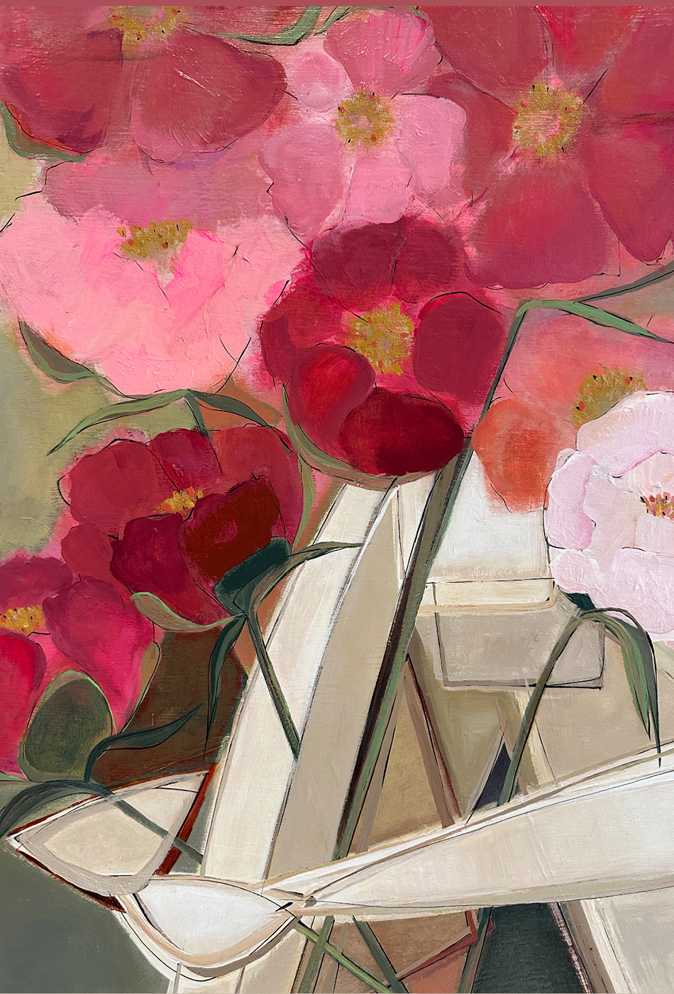 ‘Sitting Brunette Muse with Peonies’  Oil & Acrylic in Gold Leaf with Bronze Finish Shadow-Gap Tray Frame