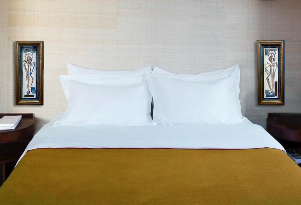 PAIR ‘Blue Muse Guardians’ L & R Study Gouache on Handmade/Hand Torn Paper behind Glass in Bespoke 1950s Italian Bronze and Blue Paint Presentation Box Frames