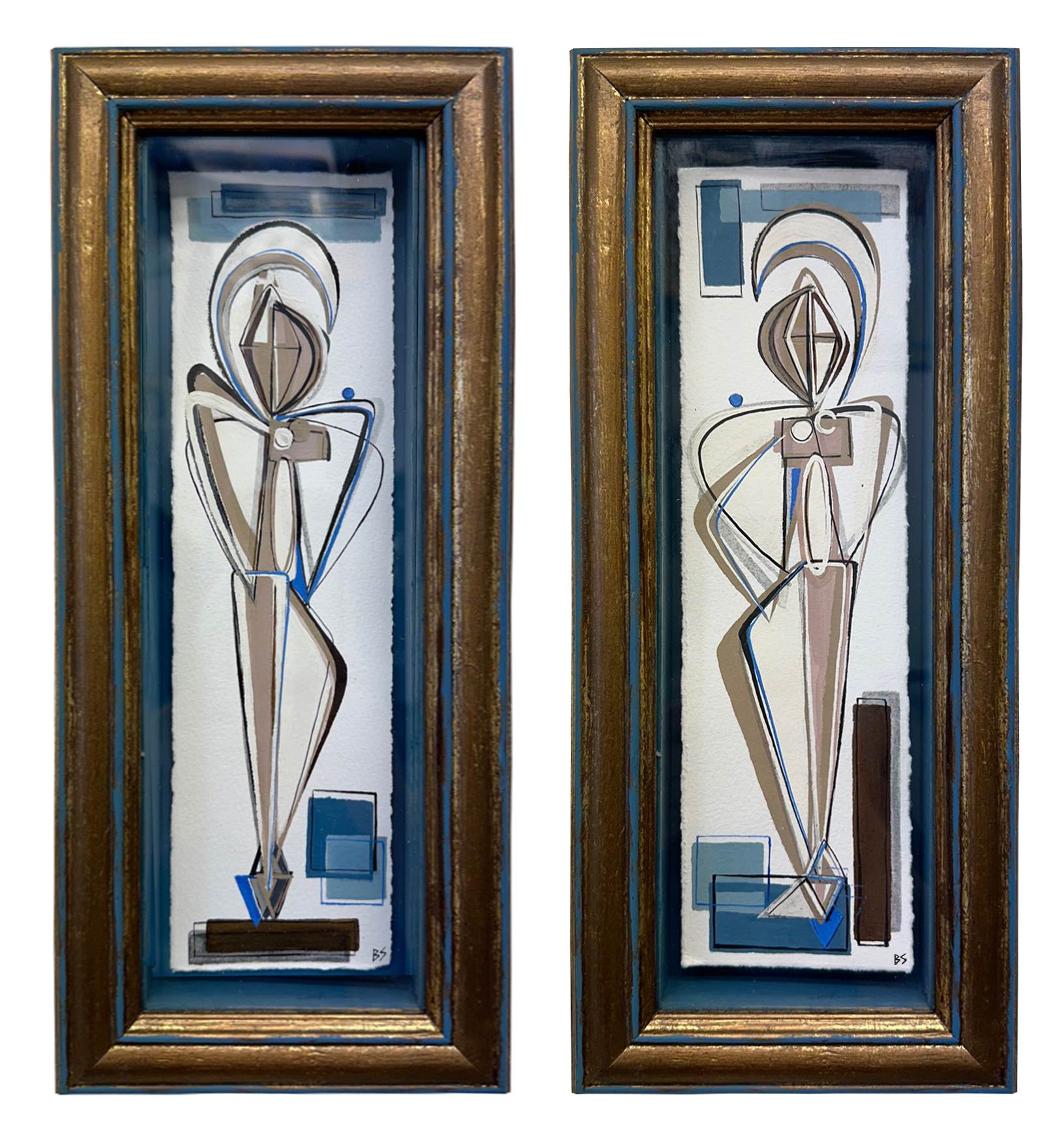 PAIR ‘Blue Muse Guardians’ L & R Study Gouache on Handmade/Hand Torn Paper behind Glass in Bespoke 1950s Italian Bronze and Blue Paint Presentation Box Frames