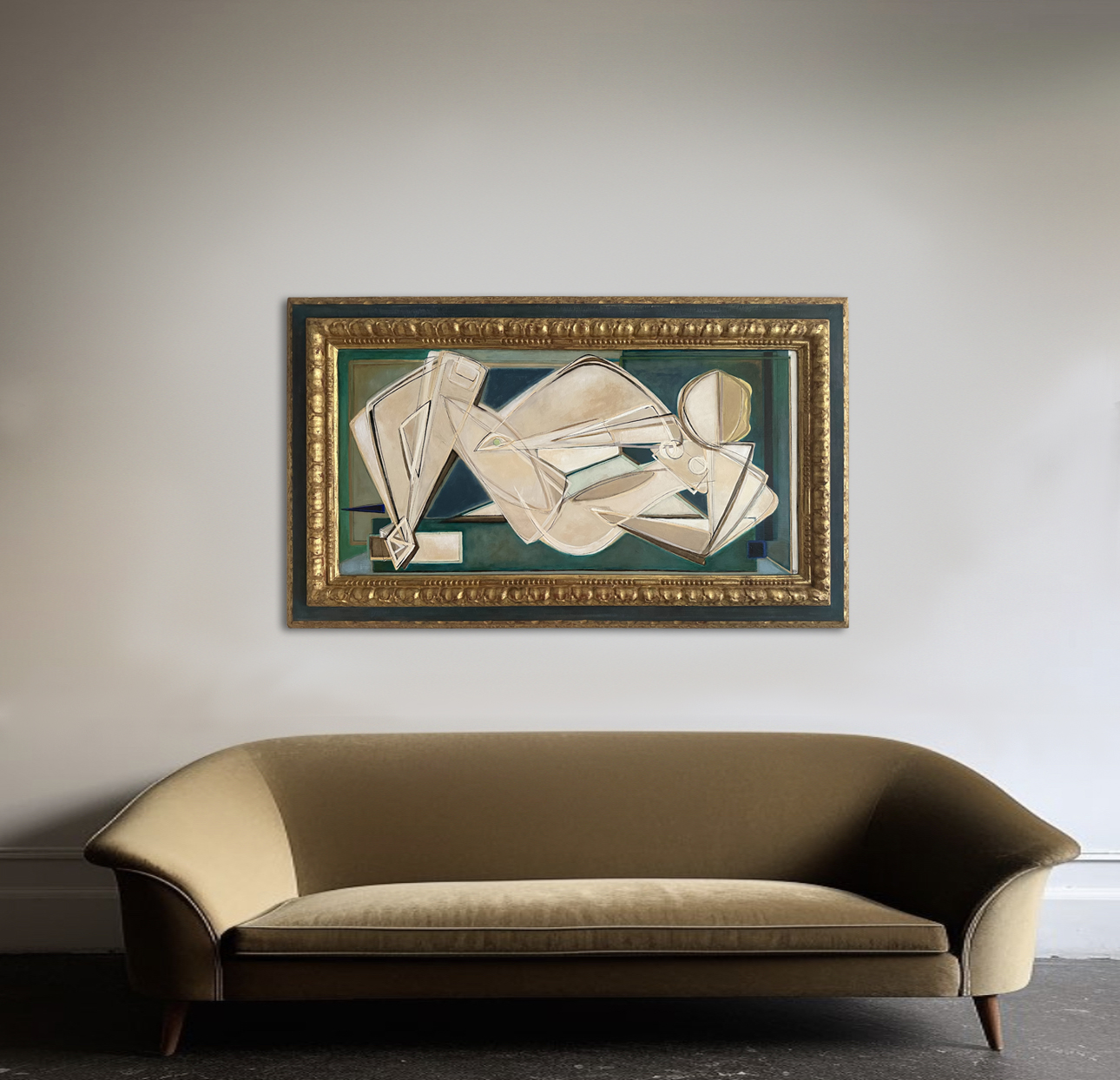 ‘Victory Reclining Holding Jade Stone’ Oil & Acrylic in 18th Century Italian Carved Wood Frame with Original Paint Finish and Gold Leaf