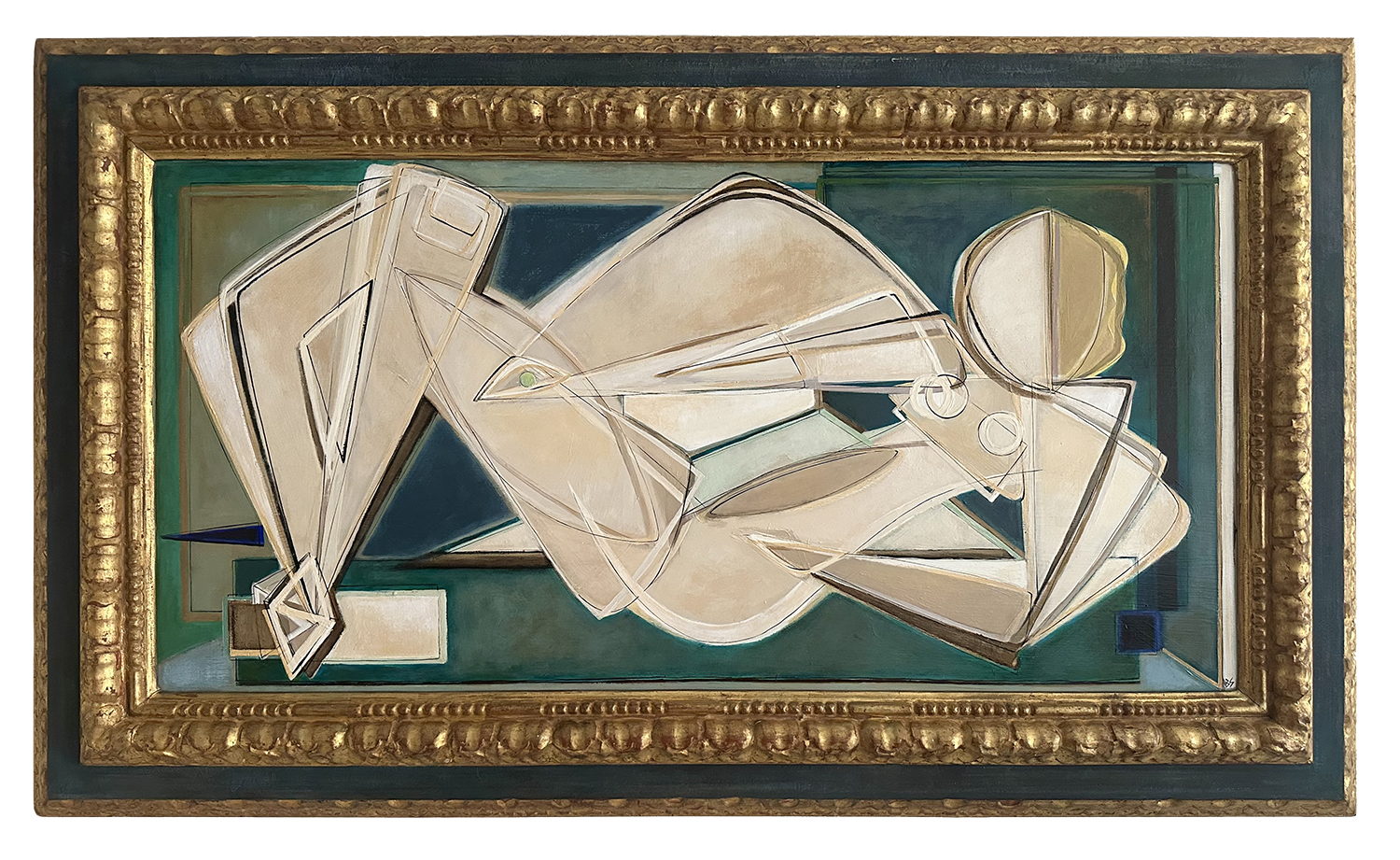 ‘Victory Reclining Holding Jade Stone’ Oil & Acrylic in 18th Century Italian Carved Wood Frame with Original Paint Finish and Gold Leaf