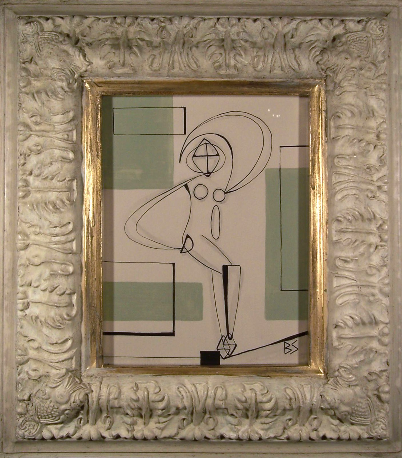 Black and Green Linear Figure in Modern Cream Frame