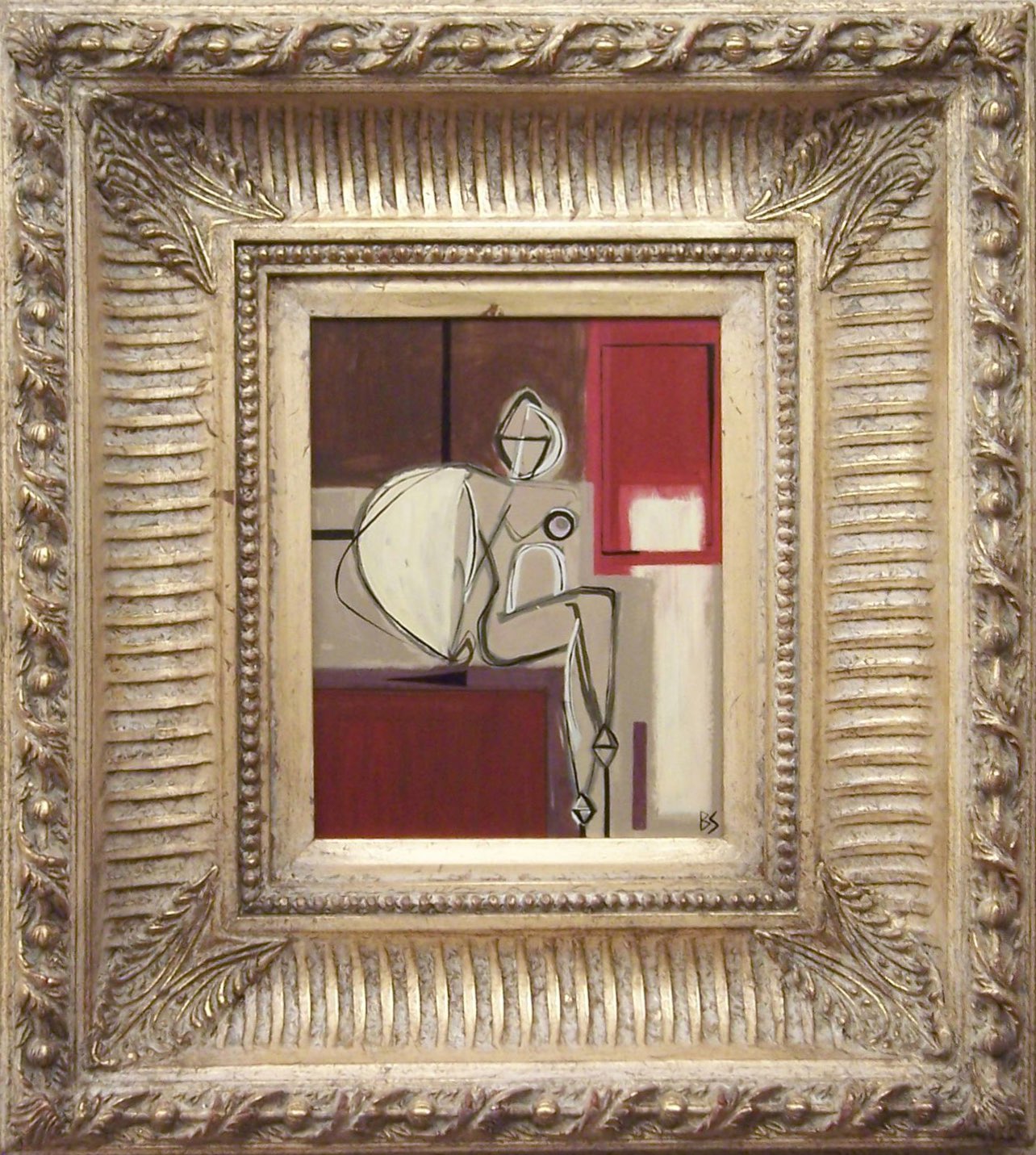 'Seated Showgirl with Fan' Right Study Oil and Acryllic on Board in Modern Box Frame