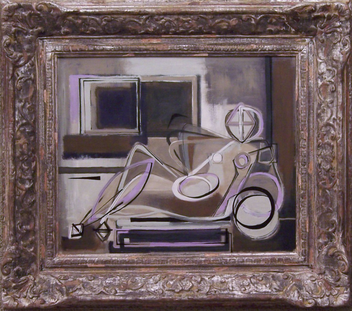 'Reclining Lady in Mauve & Grey' Oil & Acryllic on Board in Antique Silver & Gilt Frame