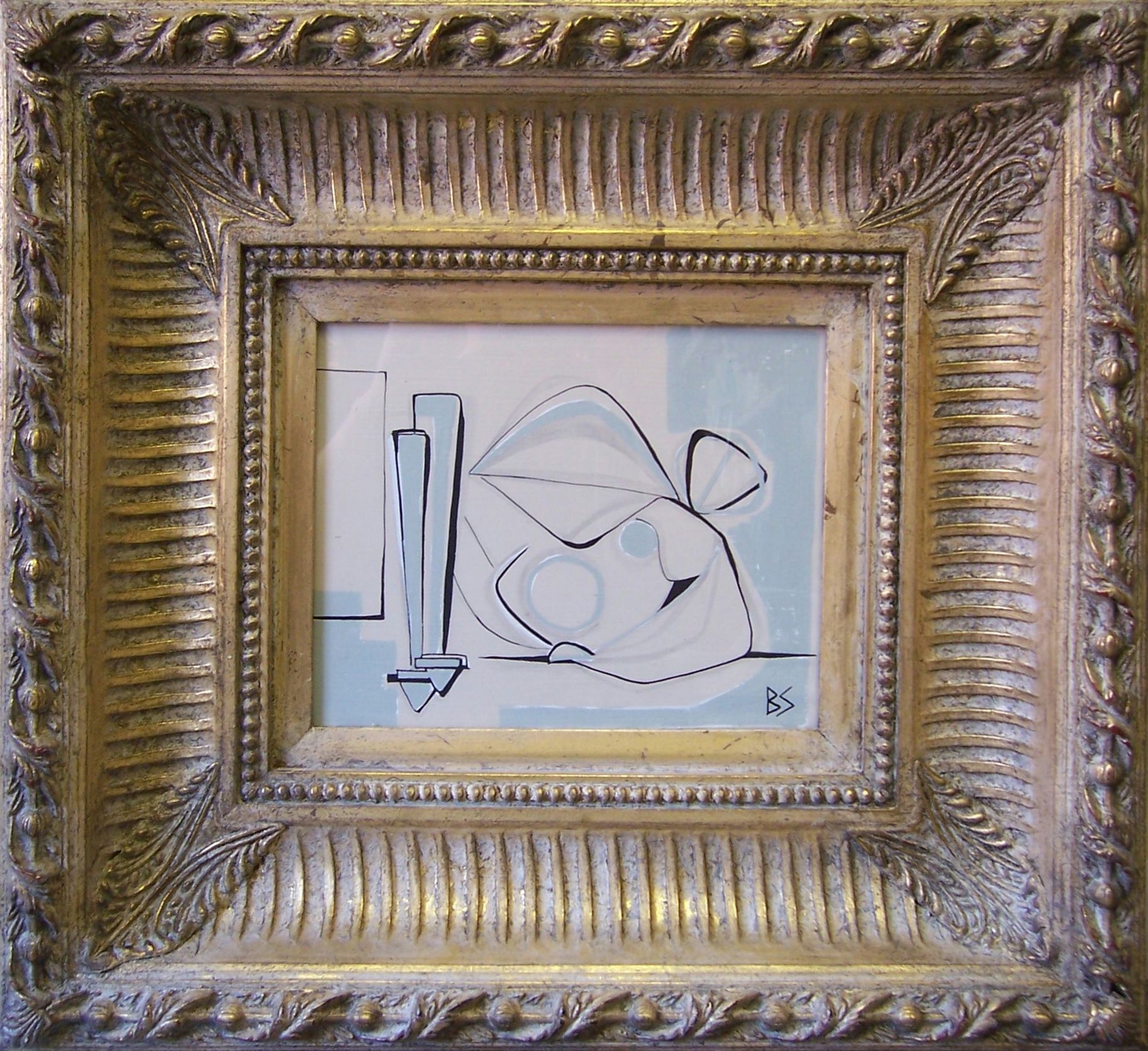 'Reclining woman in blue/green' in modern gold box frame