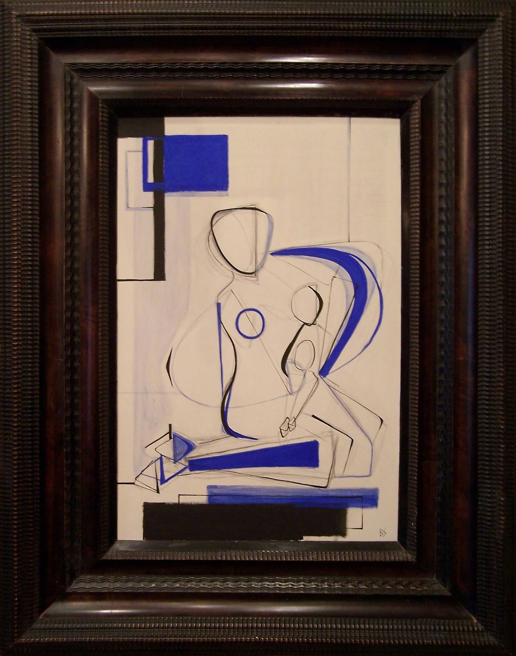 'Figure in Blue' Oil and Acryllic on Board in Cream/White Frame