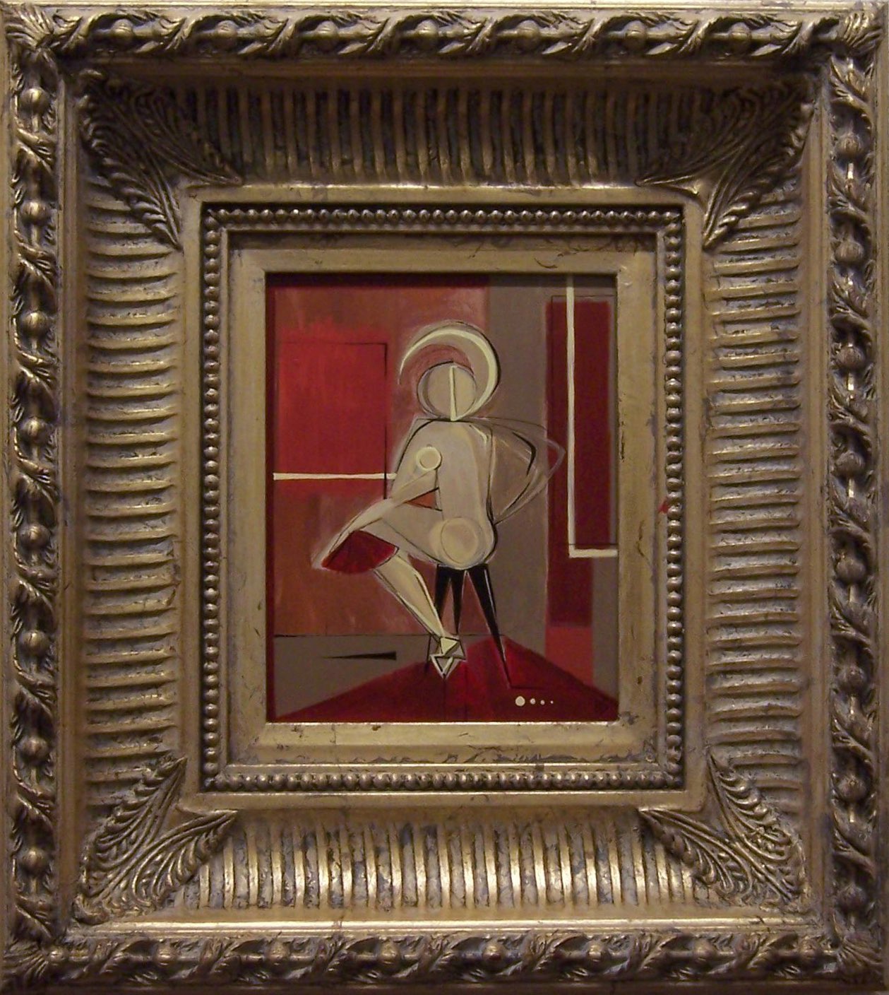 'Red Showgirl with Fan Left Study' Oil/Acryllic on Board in Modern Gilt Box Frame