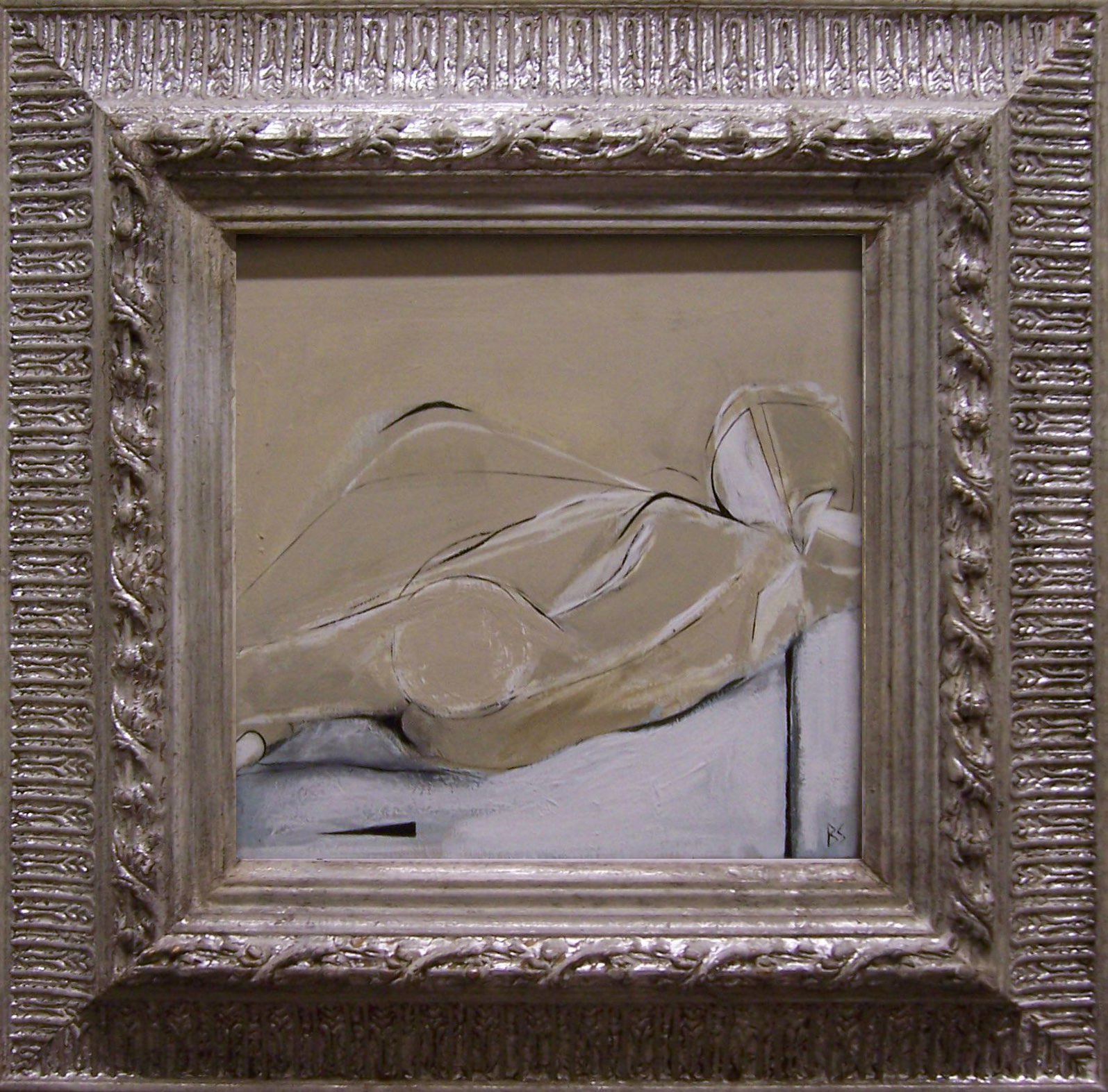 'Reclining Woman on Bed' Acryllic/Gouache on Board in Modern Frame