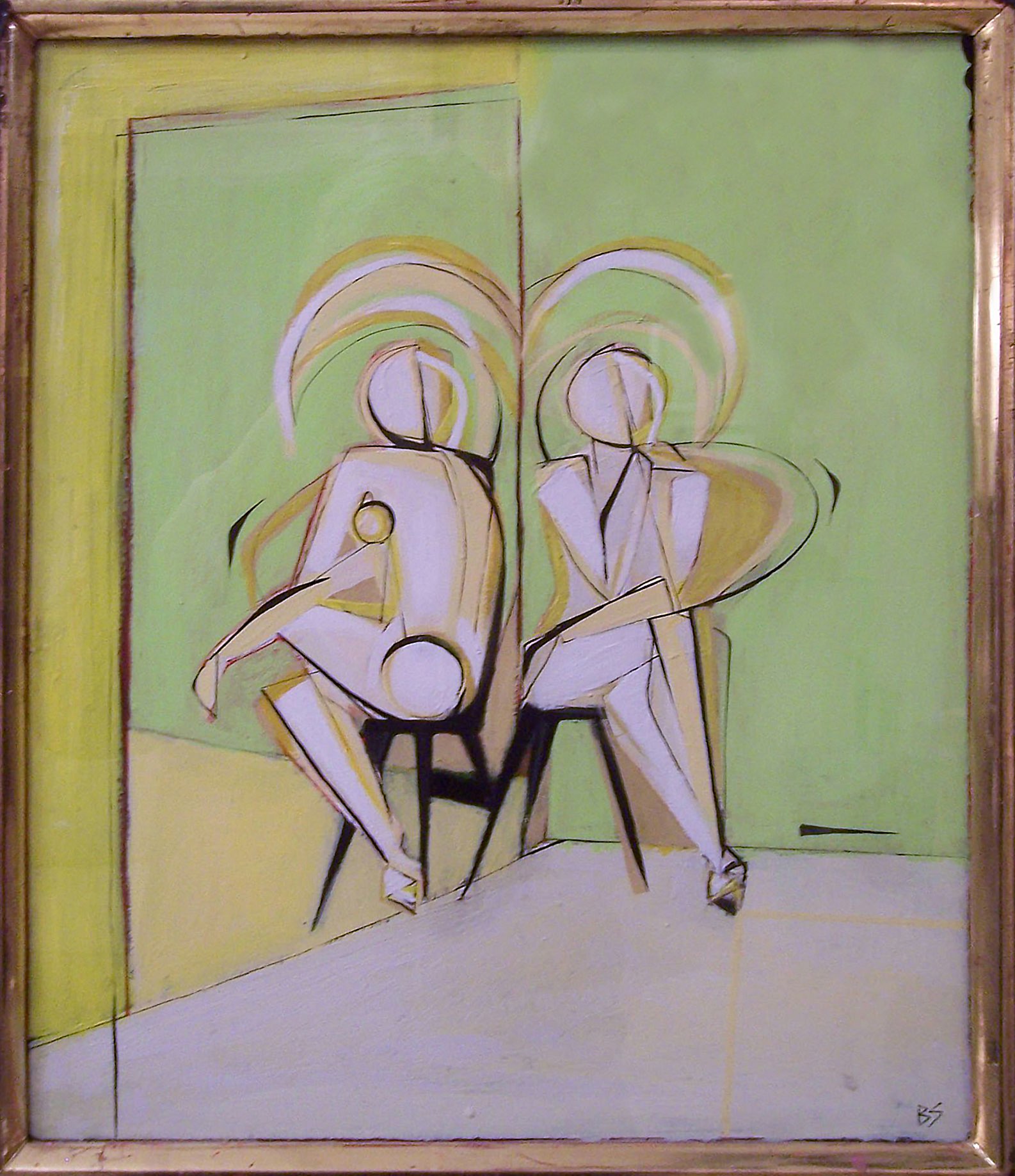 'Yellow Seated Showgirl' Gouache on Board under Glass in Old Frame