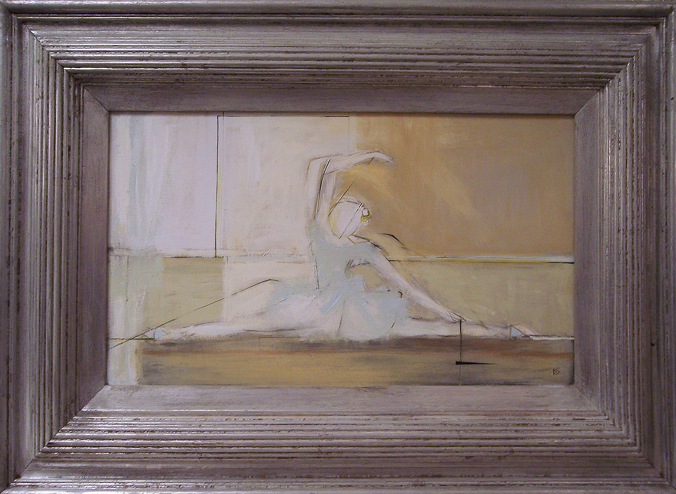 'Ballerina in Blue' Gouache and Acryllic on Board in Antique Frame