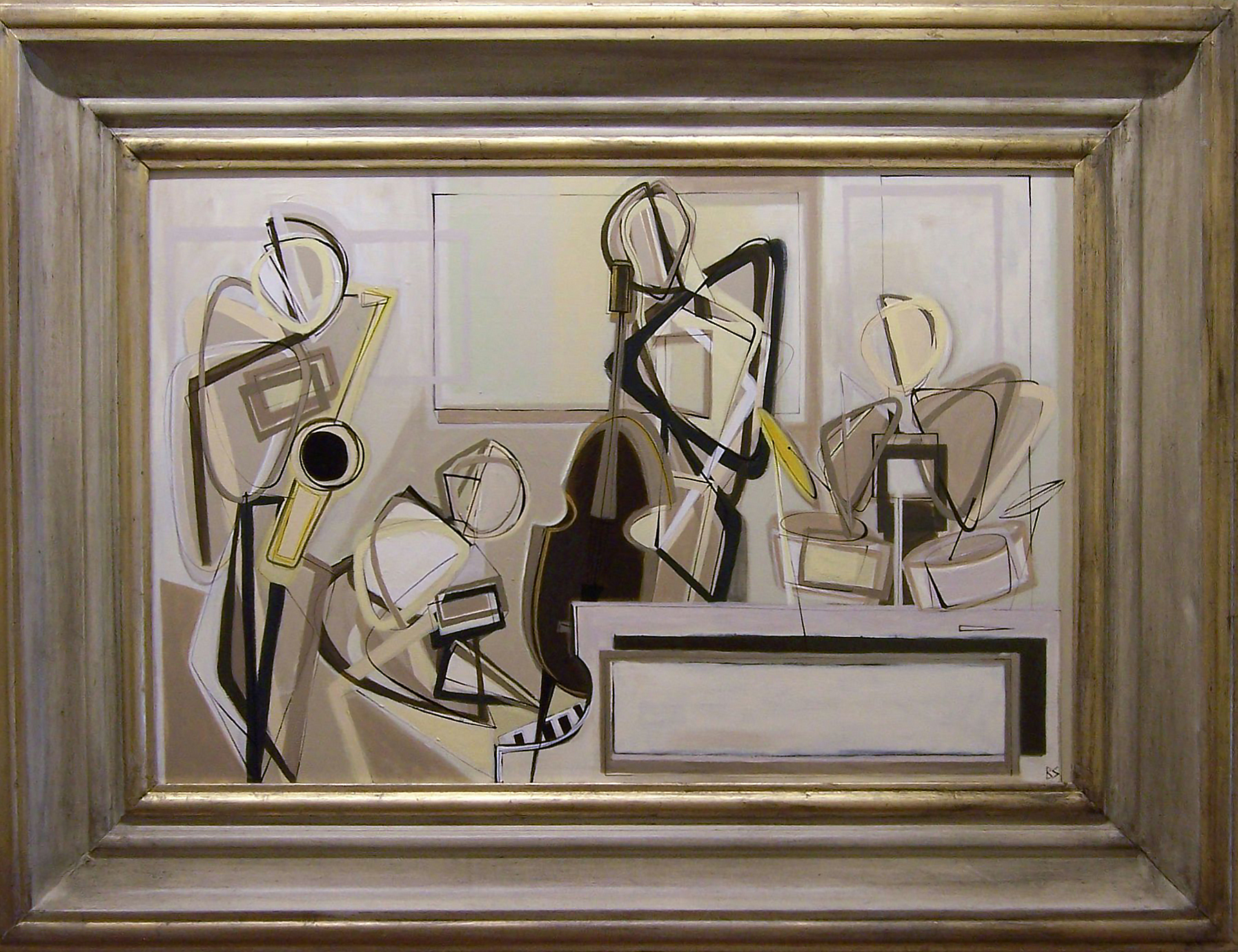 'Jazz Quartet' Oil & Acryllic on Board in Modern Gilt & Painted Frame