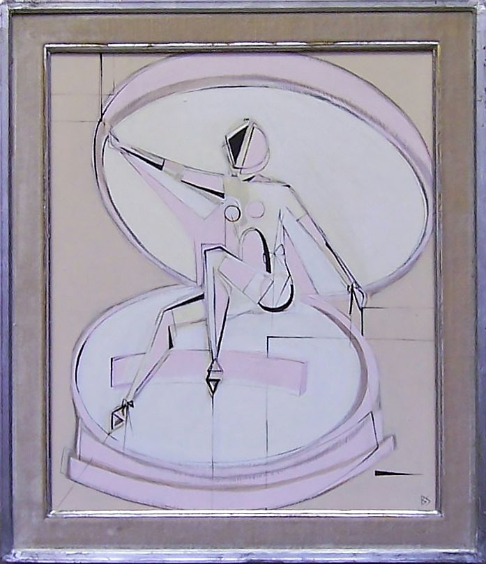 'Powder Puff Girl' Gouache on Board in Antique Silver Gilt & Velvet Frame