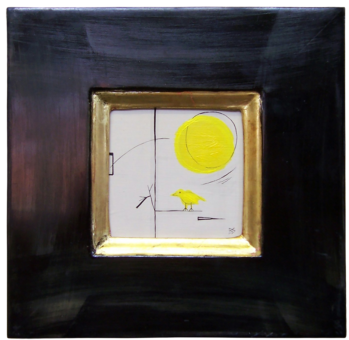 'Little Yellow Bird' Gouache on Board in Modern Black Lacquer Frame