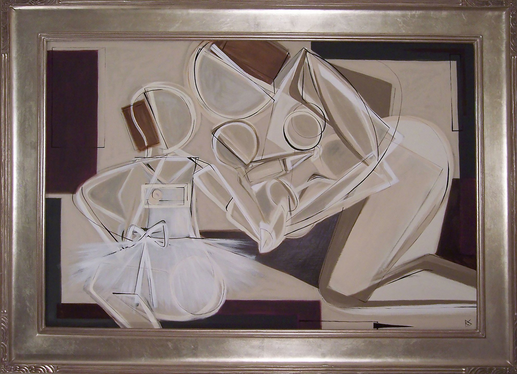 'Mother, Daughter and Baby' Oil and Acrylic on Board in Silver Deco Frame